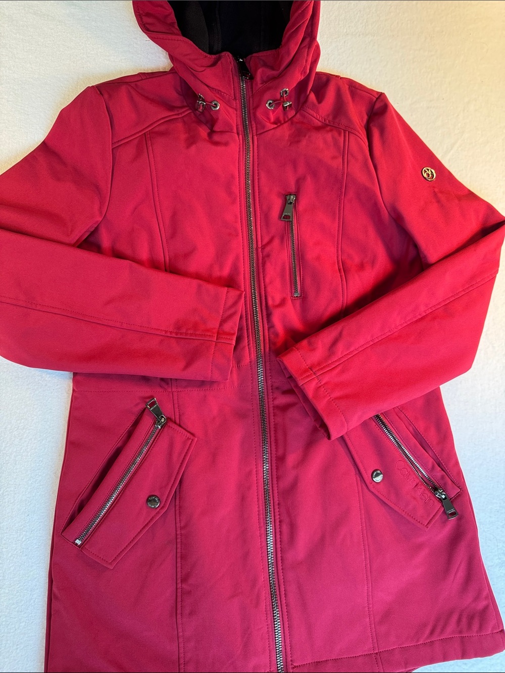 Calvin Klein Red Hooded Trench Coat with Zip Accents